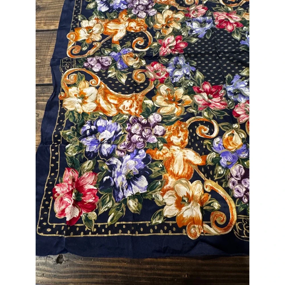 Navy Blue Floral Scarf Metallic Gold Shimmer Square‎ Neck Wrap 34x34 Wildrag
